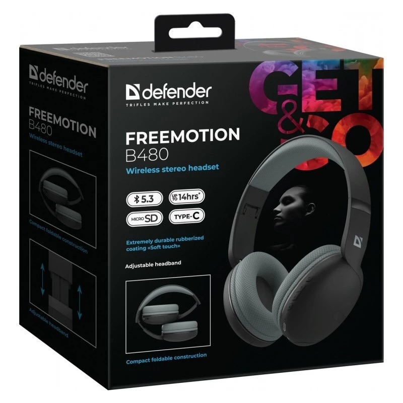 Defender FreeMotion B480 63480 auscultadores sem fios supra-auriculares, Bluetooth 5.3, USB-C, AUX, microSD, até 14 h, 20-20000 Hz, pretos
