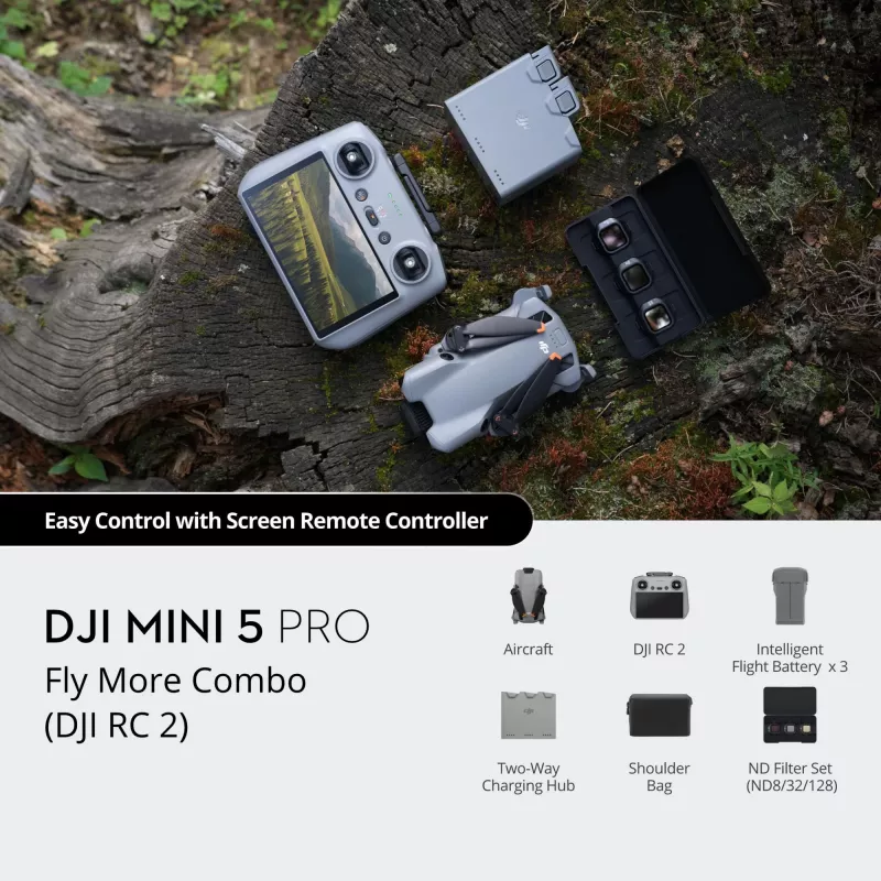 DJI MINI 5 PRO Fly More Combo (RC2) drone leve 249g com sensor de 50MP, Lidar, 3 baterias, comando com ecrã