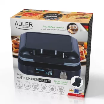 Máquina de waffles Adler AD 3087 — máquina de waffles belgas elétrica, 2200 W, 2 placas retangulares 9×17 cm, preta