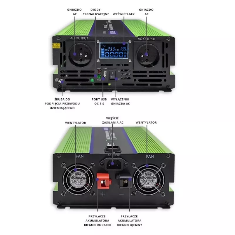 Qoltec Monolith Conversor de tensão | Carregamento de bateria | UPS | 2000W | 4000W | 12V para 230V | Onda sinusoidal pura | LCD preto-verde