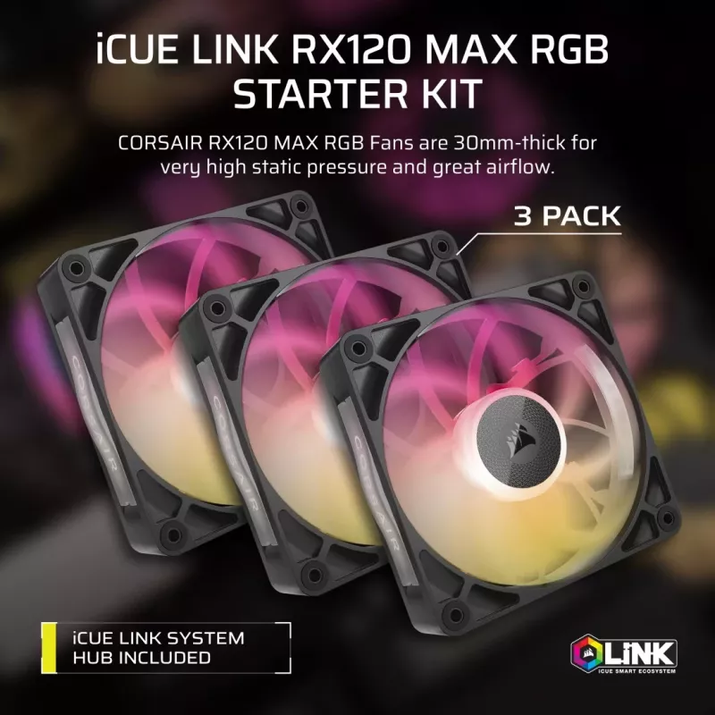 Ventoinha de caixa Corsair iCUE LINK RX120 MAX ARGB 120mm pack de 3 preta