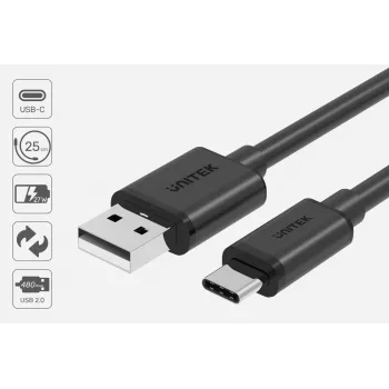 Cabo de dados e carregamento USB-C para USB-A Unitek C14067BK 1,5 m, preto, ficha USB-C para ficha USB-A