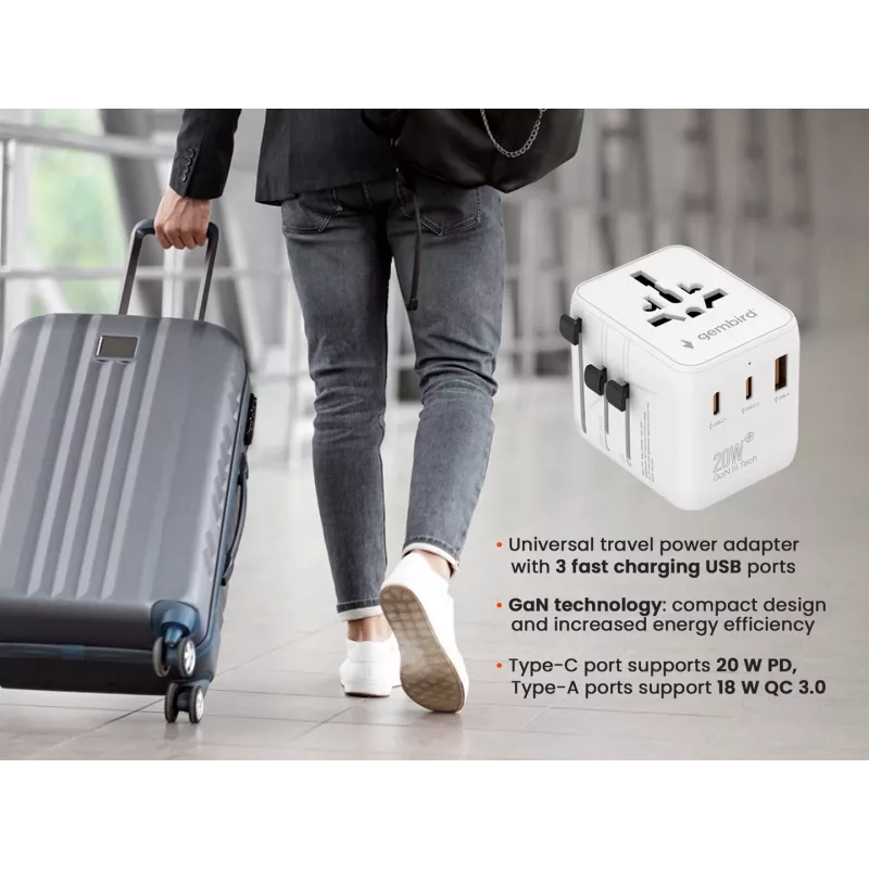 Fonte de alimentação de viagem GEMBIRD TPA-1A2C20-01-W — 20 W, USB-A (18 W) + 2× USB-C (20 W), ficha tipo E, branco