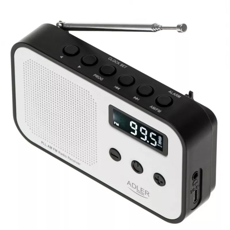 Adler AD 1907 rádio digital PLL, AM/FM, 40 estações pré-definidas, alarme com soneca, USB-C, bateria recarregável integrada, ficha de 3,5 mm, branco/preto
