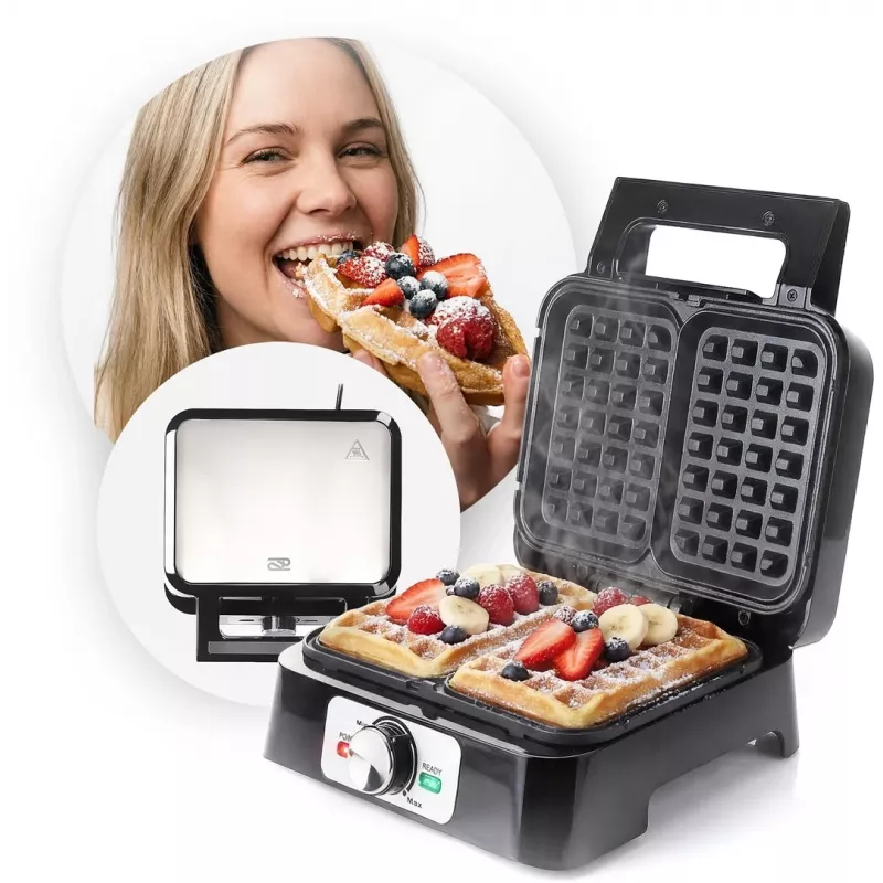 Máquina de waffles PROMIS WAP1600 – 2 porções retangulares, placas, 1200 W, antiaderente, termostato, punho que não aquece, indicadores LED