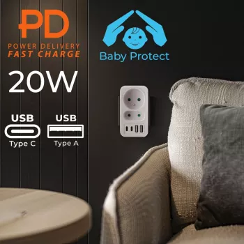 Power Splitter MACLEAN MCE249 F/W – 2 tomadas de rede (16A + 6A) e 4x USB (2x A, 2x C PD 20W)