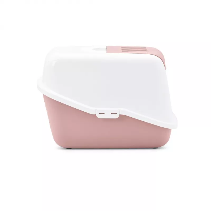 Caixa de areia para gatos com tampa Savic Nestor branco-rosa, bandeja fechada com tampa, 56×39×38,5 cm