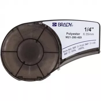 Fita de etiquetas Brady M21-250-423, poliéster de transferência térmica, preto sobre branco, 6,35 mm x 6,4 m