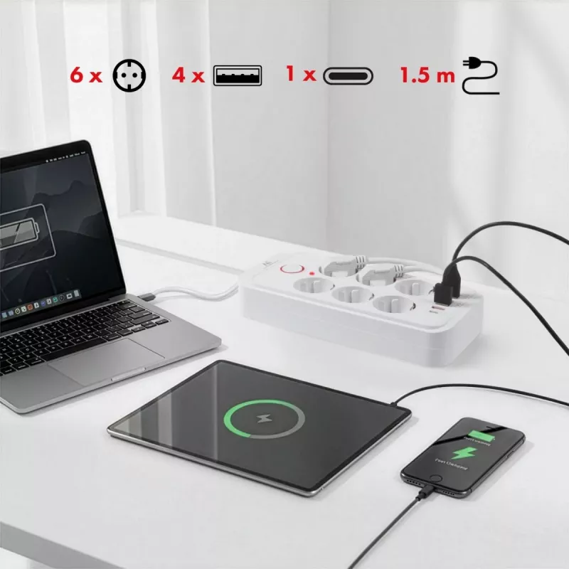 Extensão elétrica MACLEAN MCE389 W — 6 tomadas, 4×USB-A, 1×USB-C, 2500W, 110–240V, cabo de 1,5 m, branco