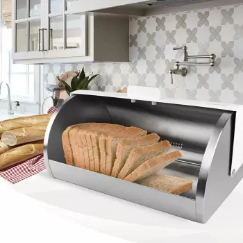 Caixa de pão Maestro MR-1676-WHITE, tampa rebatível em aço inoxidável, branca, 385×255×190 mm
