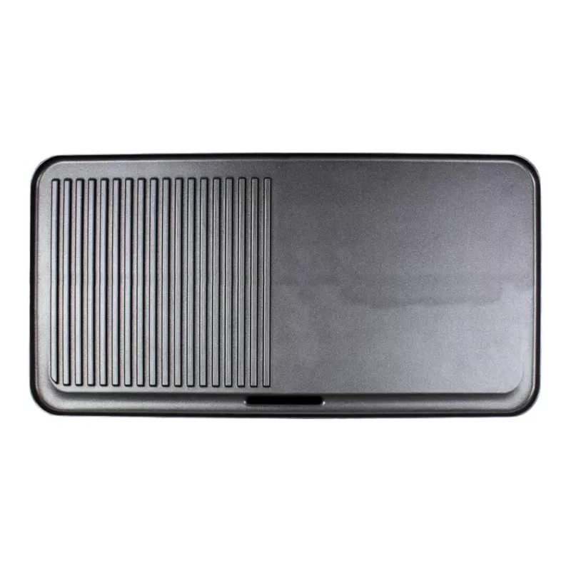 Grelhador de mesa elétrico Rommelsbacher BBQ 2003 — 1900 W, 50×25 cm, canelado + teppanyaki, termostato contínuo, prateado/preto