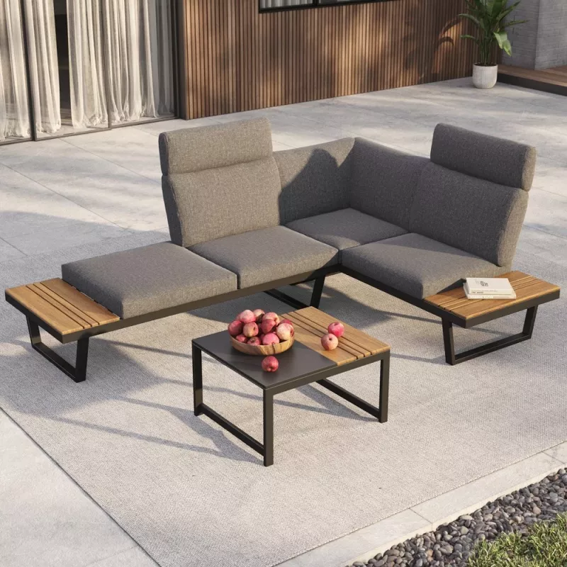 Conjunto de lounge de jardim de canto ou 2 sofás + mesa NUVIO cinzento