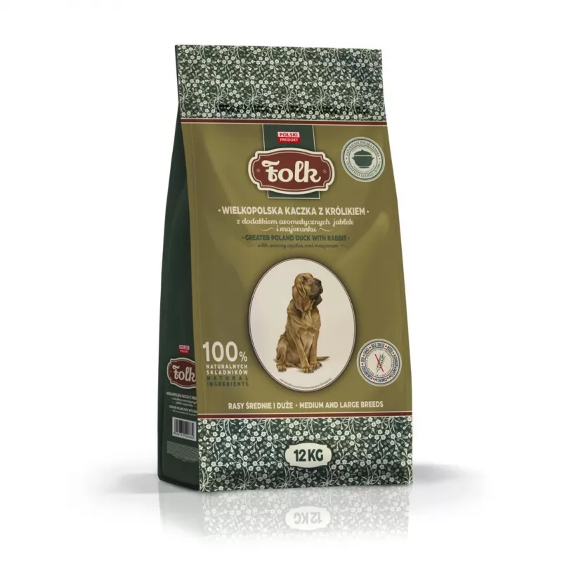 FOLK raças médias e grandes tradicional pato da Grande Polónia com coelho, maçãs e manjerona - comida seca para cães - 12 kg