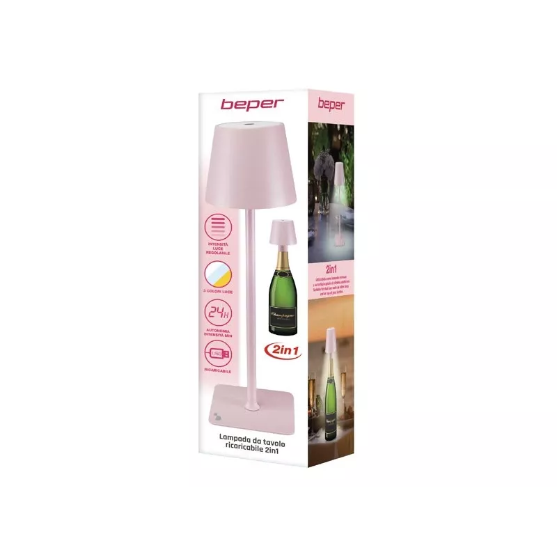 Beper P201UTP125 candeeiro de mesa LED recarregável, tátil, regulável, IPX4, rosa