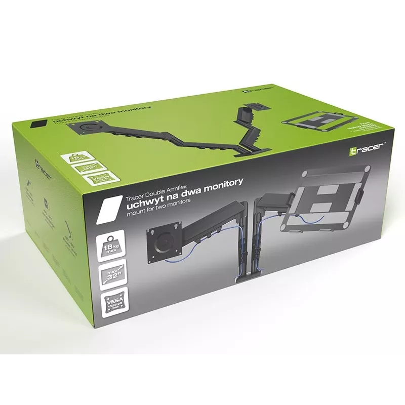 Suporte de monitor de secretária com braço duplo TRACER TRAUCH47660 — braços metálicos ajustáveis, máx. 18 kg, VESA até 100×100, para ecrãs de 13–32 polegadas