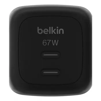 Carregador rápido AC de interior Belkin WCH020kqBK, 2× USB-C, compatibilidade universal, proteção de corrente, preto