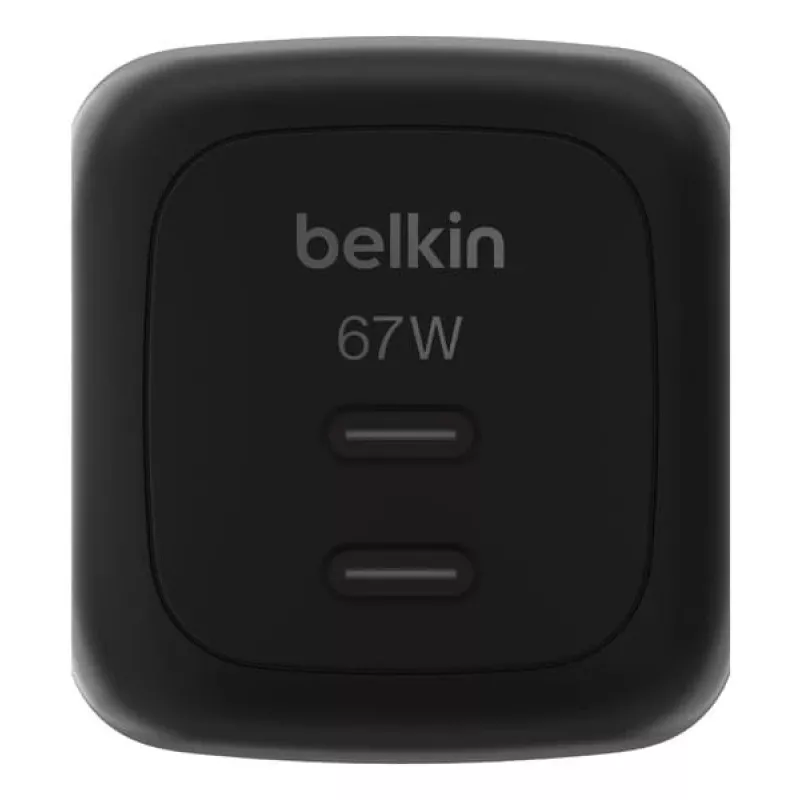 Carregador rápido AC de interior Belkin WCH020kqBK, 2× USB-C, compatibilidade universal, proteção de corrente, preto