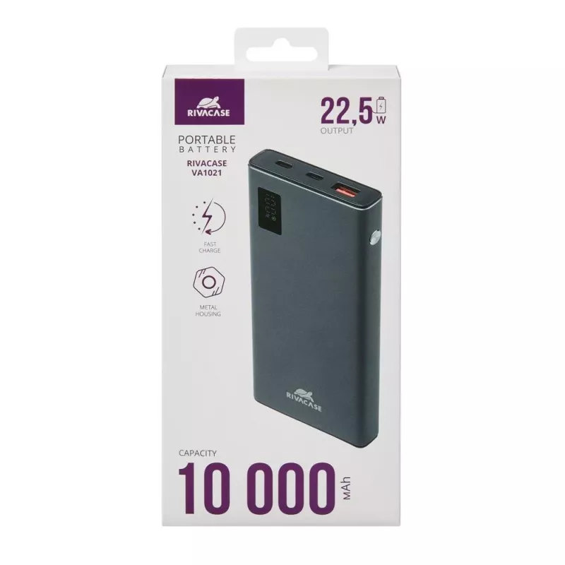 Powerbank Rivacase VA1021 10000mAh, saídas USB duplas, indicadores LED, carregador portátil compacto