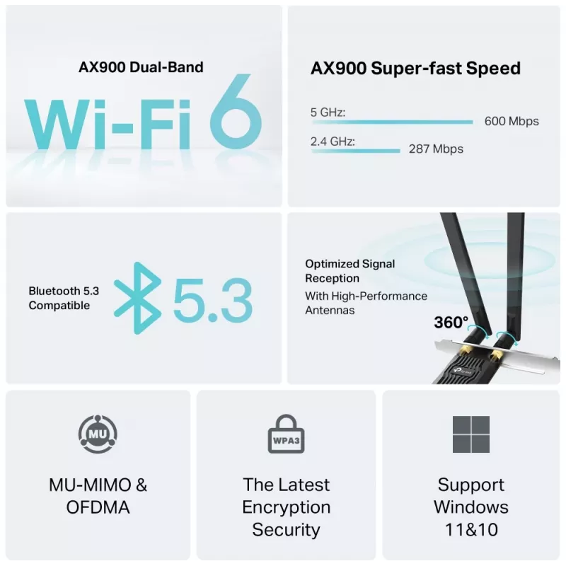 Adaptador PCIe Wi‑Fi 6 Bluetooth TP‑LINK Archer TX10E AX900 — placa PCIe, AX900 Wi‑Fi 6, Bluetooth