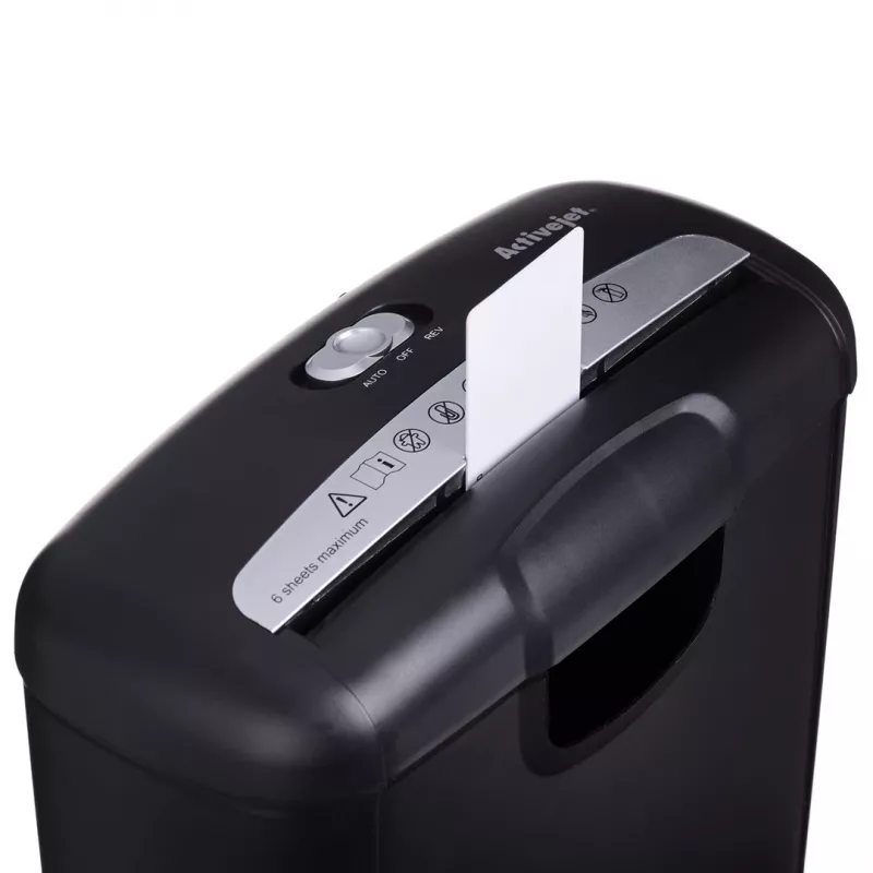 Destruidora de papel Activejet ASH-0601S, P-2, 10 l, corte em tiras 6 mm, 6 folhas, preto.