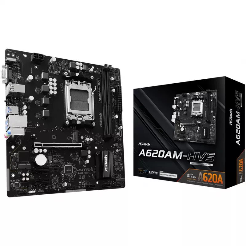 Motherboard ASRock A620AM-HVS Micro ATX — chipset AMD A620A, Socket AM5, DDR5, 2 DIMM, até 128 GB, HDMI 2.1, M.2 2280