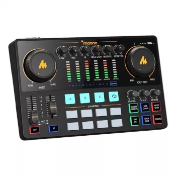Interface de áudio USB MAONO AME2 preto com efeitos integrados, placa de som compacta de secretária