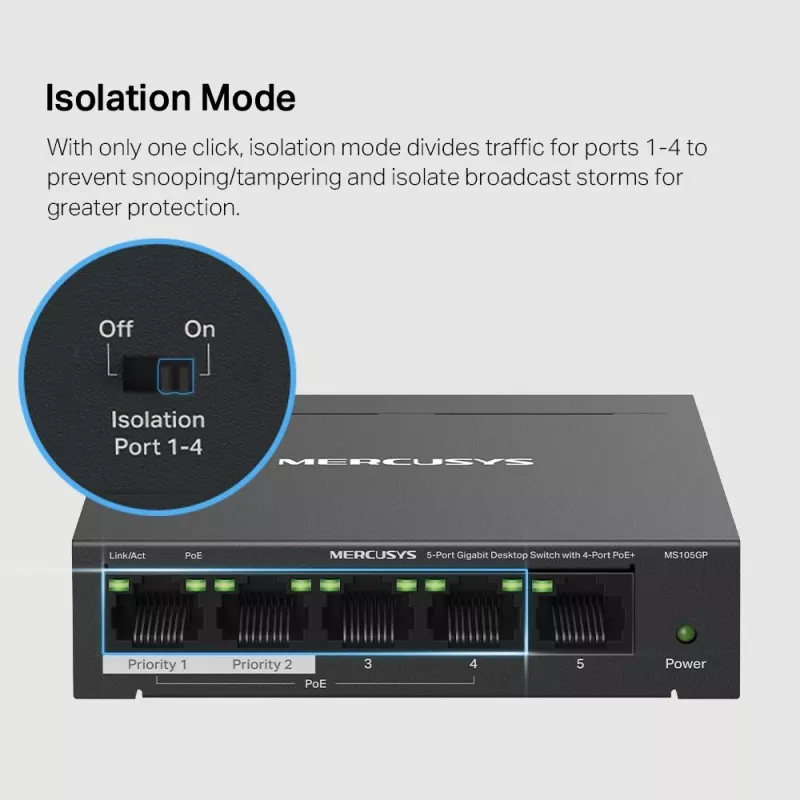Switch de secretária Mercusys 5 portas Gigabit com 4 portas PoE+
