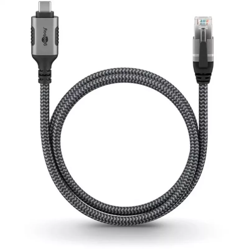 Cabo Ethernet USB-C 3.2 Gen2 macho > RJ-45 macho, adaptador LAN preto/prateado, 2 metros, revestimento têxtil entrançado