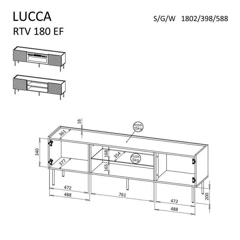 Móvel de TV cama meble LUCCA 180x40x59 cm — tampo em aglomerado branco, corpo branco