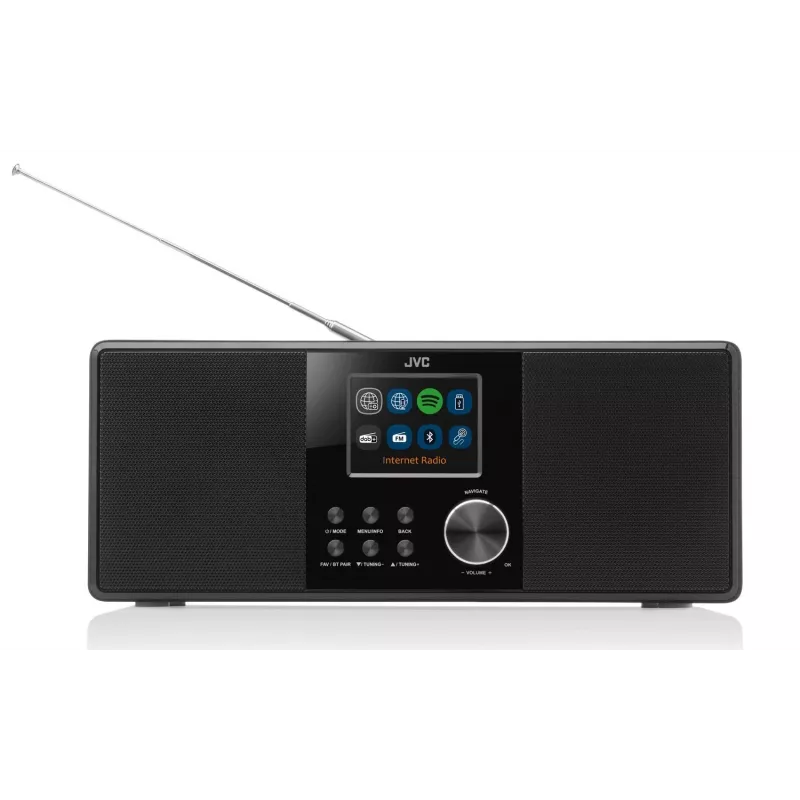 Rádio internet JVC RA-E981B — streaming Wi‑Fi e Bluetooth, DAB+, FM, 2x5W, 40 memórias de estações, USB, AUX, ecrã LCD