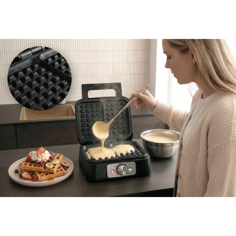 Máquina de waffles PROMIS WAP1600 – 2 porções retangulares, placas, 1200 W, antiaderente, termostato, punho que não aquece, indicadores LED