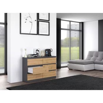 Cómoda top e shop M6 120 — antracite/carvalho, 6 gavetas, 1200×300×770 mm, aglomerado