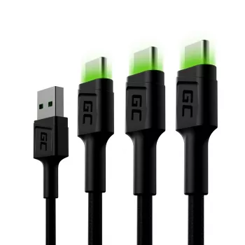 Cabo USB-C Green Cell KABGCSET02 1,2 m (USB-A para USB-C, 2,4 A, 480 Mbit/s) pack de 3 com retroiluminação LED