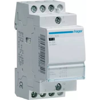 Hager ESC325. Contator capacidade de corrente: 25 A, secção do cabo: 1/6 mm², intervalo de temperatura em funcionamento: -10 - 50 °C. Tensão de entrada AC: 230 V, AC E