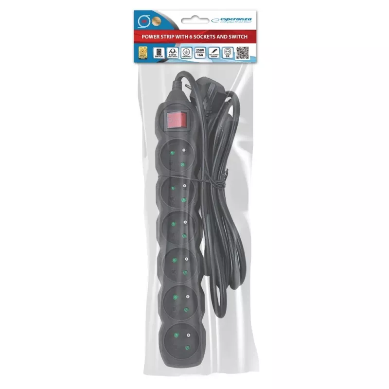 Extensão de energia Esperanza ELK218K 3 m 6 tomada(s) AC interior preto