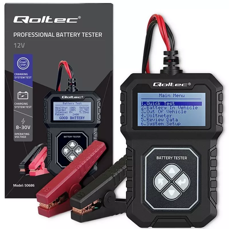 Testador de bateria digital Qoltec com LCD | Menu em polaco | 12V | AGM | GEL | STD | 30-220AH