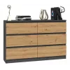 Cómoda top e shop M6 120 — antracite/carvalho, 6 gavetas, 1200×300×770 mm, aglomerado
