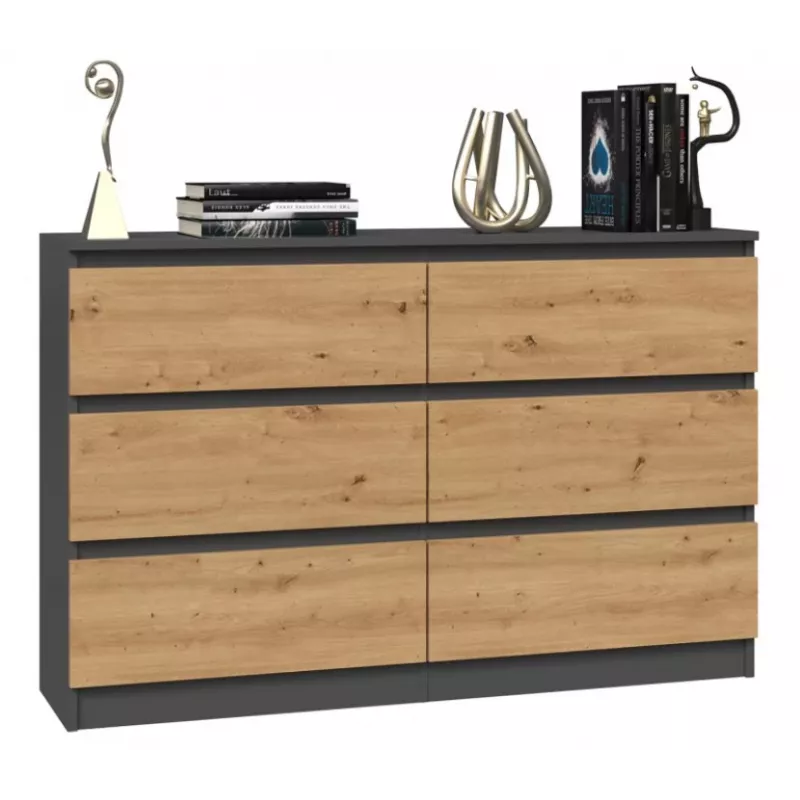 Cómoda top e shop M6 120 — antracite/carvalho, 6 gavetas, 1200×300×770 mm, aglomerado