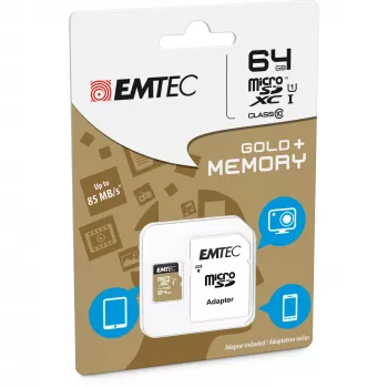 EMTEC Gold+ - Cartão de memória flash (adaptador SD incluído) - 64 GB - Class 10 - microSD - dourado (ECMSDM64GXC10GP)