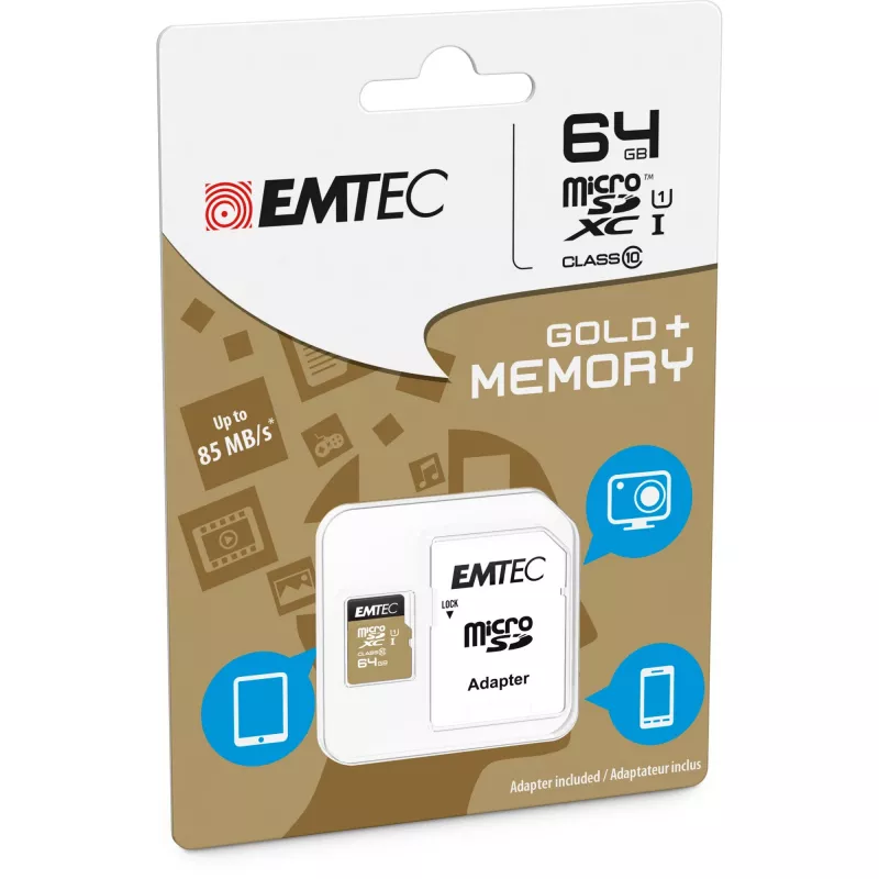 EMTEC Gold+ - Cartão de memória flash (adaptador SD incluído) - 64 GB - Class 10 - microSD - dourado (ECMSDM64GXC10GP)