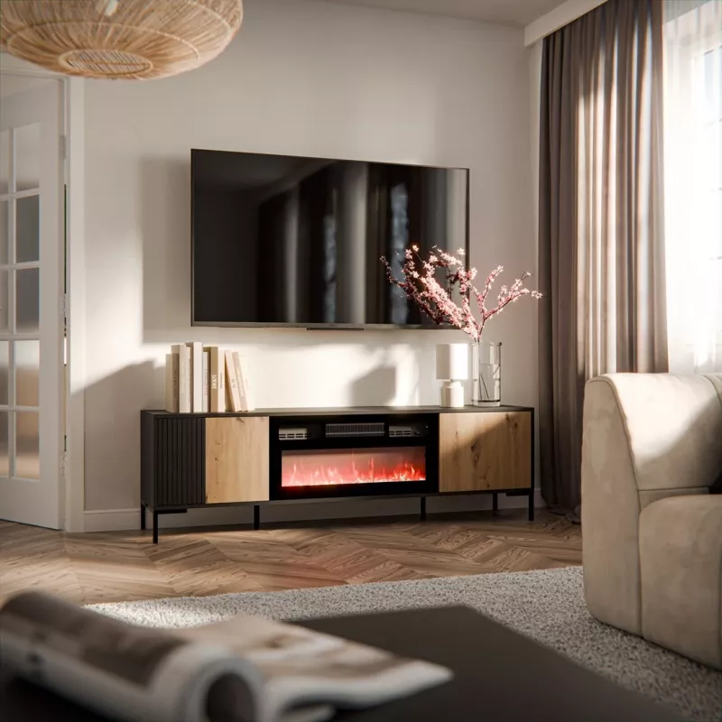 Móvel de TV cama meble MERCI com lareira, 180 x 40 x 53,5 cm, tampo preto, moldura em carvalho artesanal