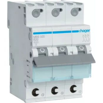 Hager MBS320. Corrente nominal: 20 A. Tipo: característica B, número de módulos (máx.): 3 módulos. Largura: 52,5 mm, Profundidade: 70 mm, Altura: 83,4 mm (MBS320)