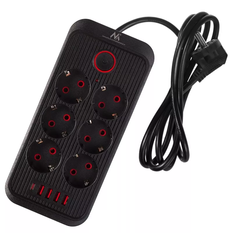 Extensão elétrica MACLEAN MCE389 B — 6 tomadas, 4×USB-A + 1×USB-C, 110–240V, 2,1A, 2500W, cabo de 1,5 m, preto