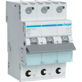 Hager MBS313. Corrente nominal: 13 A, frequência de rede: 50/60 Hz, corrente nominal de saída: 13 A. Tipo: característica B, número de módulos (máx.): 3 módulos. Largura: 52,5 mm, profundidade: 70 mm, altura