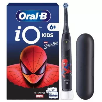 Escova de dentes elétrica BRAUN Oral‑B iO Kids Marvel Spiderman — recarregável, 3 modos, temporizador musical de 2 minutos, estojo de viagem, 1 cabeça de escova, iões de lítio