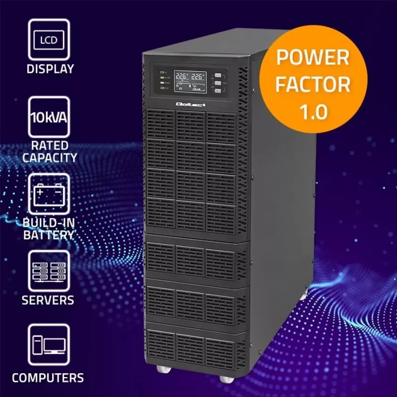 Qoltec 52284 UPS fonte de alimentação ininterrupta | 10kVA | 10000W | fator de potência 1,0 | LCD | EPO | USB | online