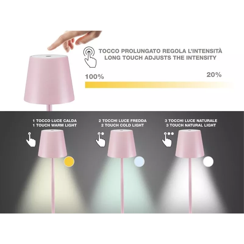 Beper P201UTP125 candeeiro de mesa LED recarregável, tátil, regulável, IPX4, rosa