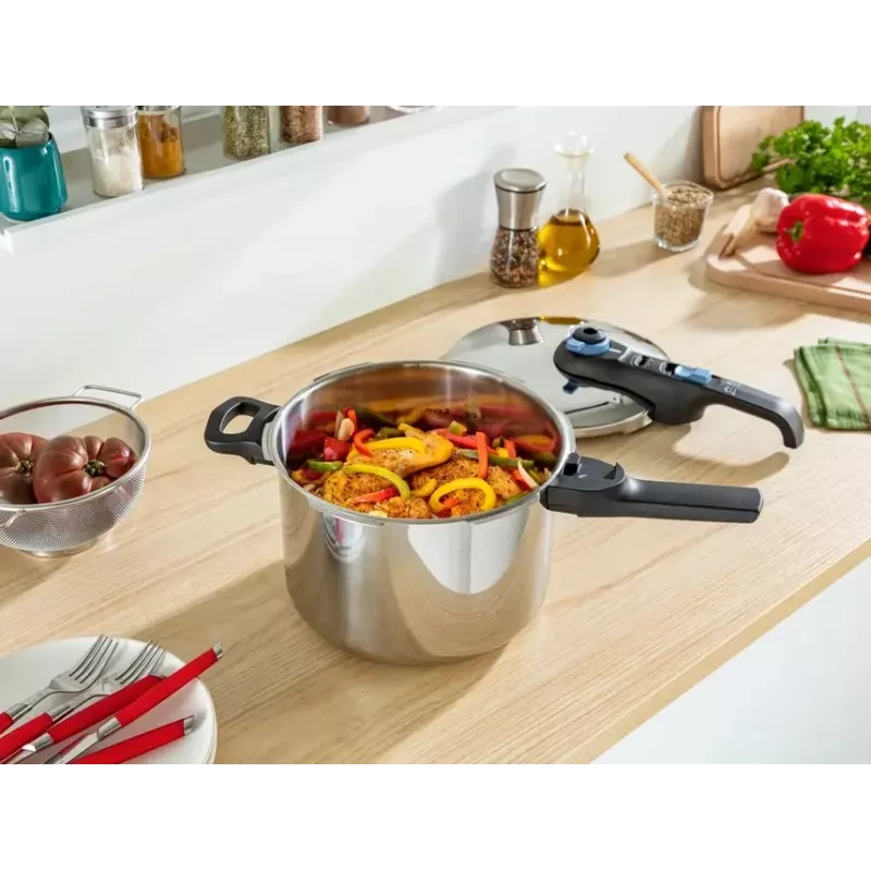 Panela de pressão Tefal SECURE TRENDY 6L com cesto de vapor em aço inoxidável, adequada para indução