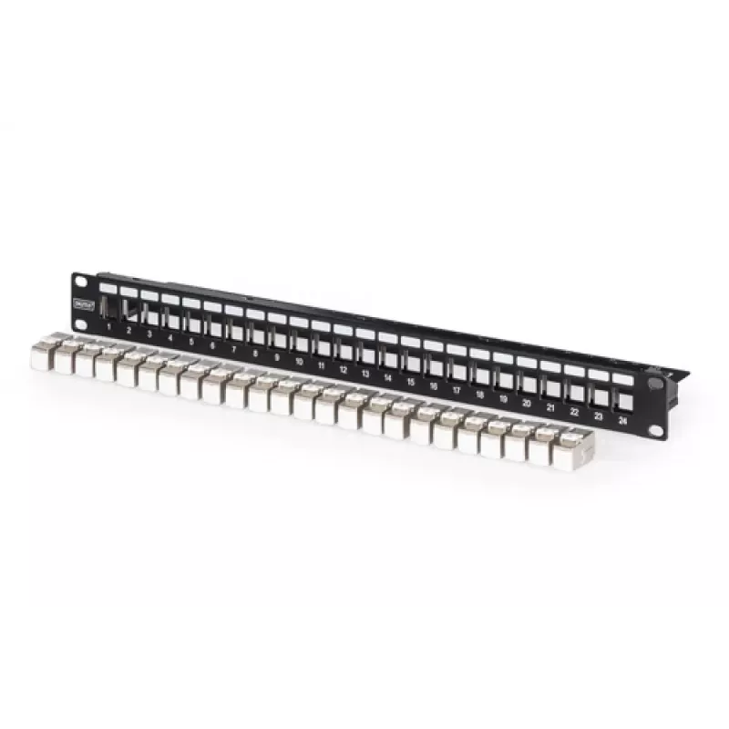Patch panel modular, 24 portas, equipado com 24x DN-93615 (preto, 1 U, montagem em rack, blindado)