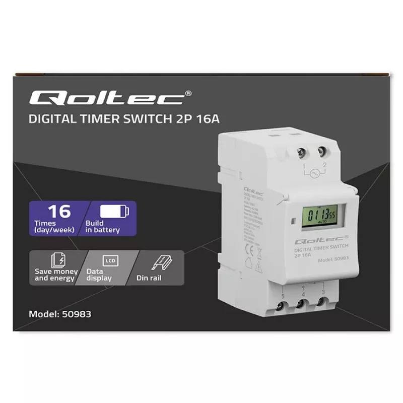 Temporizador eletrónico para calha DIN QOLTEC 50983, a pilhas, para circuitos de automação